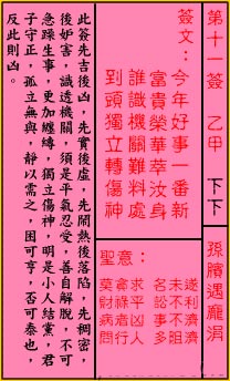 关帝灵签11签（关公灵签）第十一签占卜详解